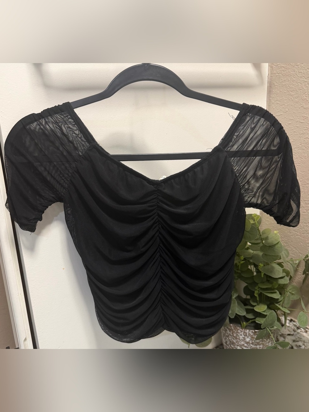 Heart Hips Black Ruched Mesh Square Neck Crop Top